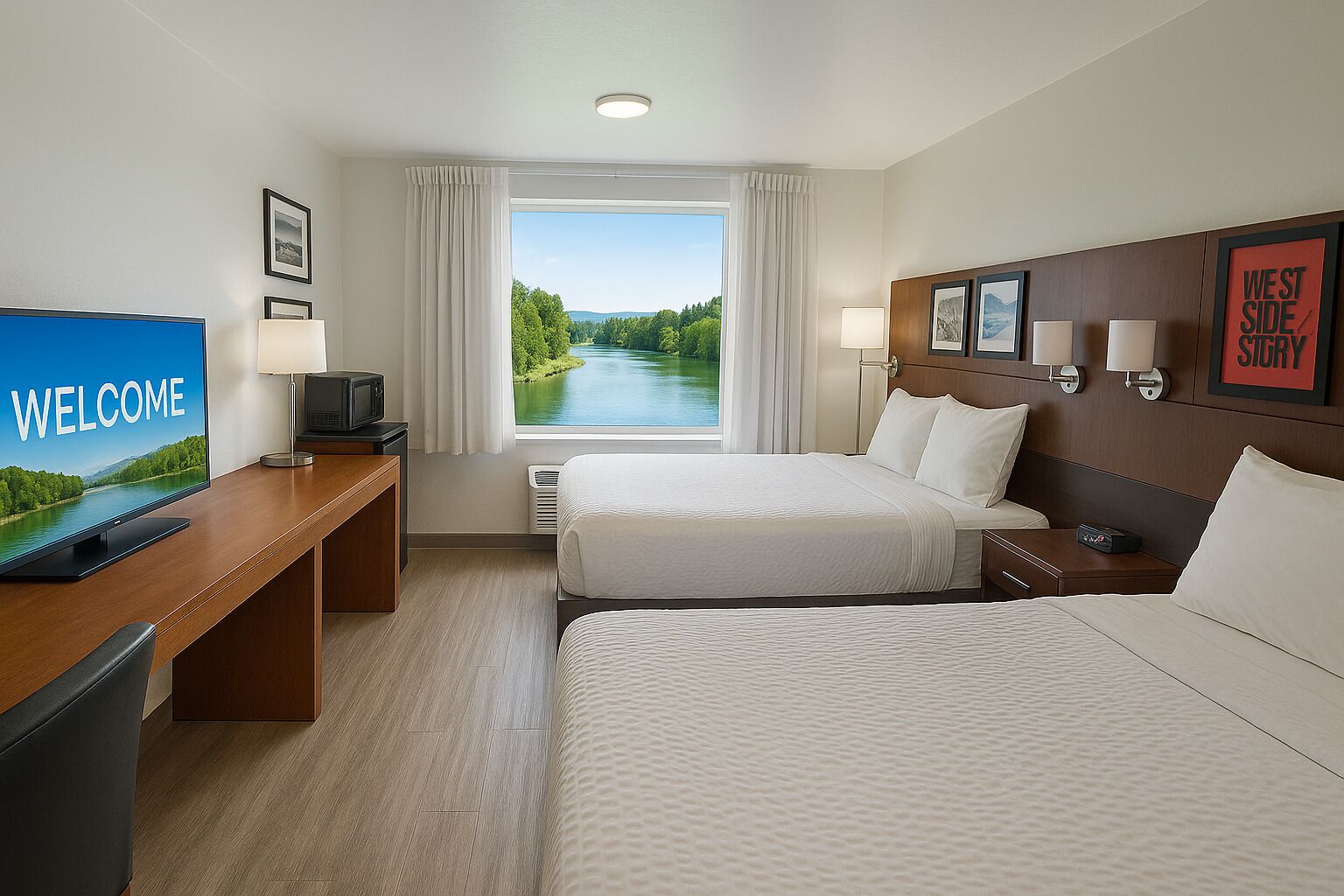 Una habitación de hotel con una cama, un escritorio con un televisor mostrando “BIENVENIDOS”, una ventana con vistas a un río y una pared con fotografías enmarcadas y un letrero que dice “WEST SIDE”.