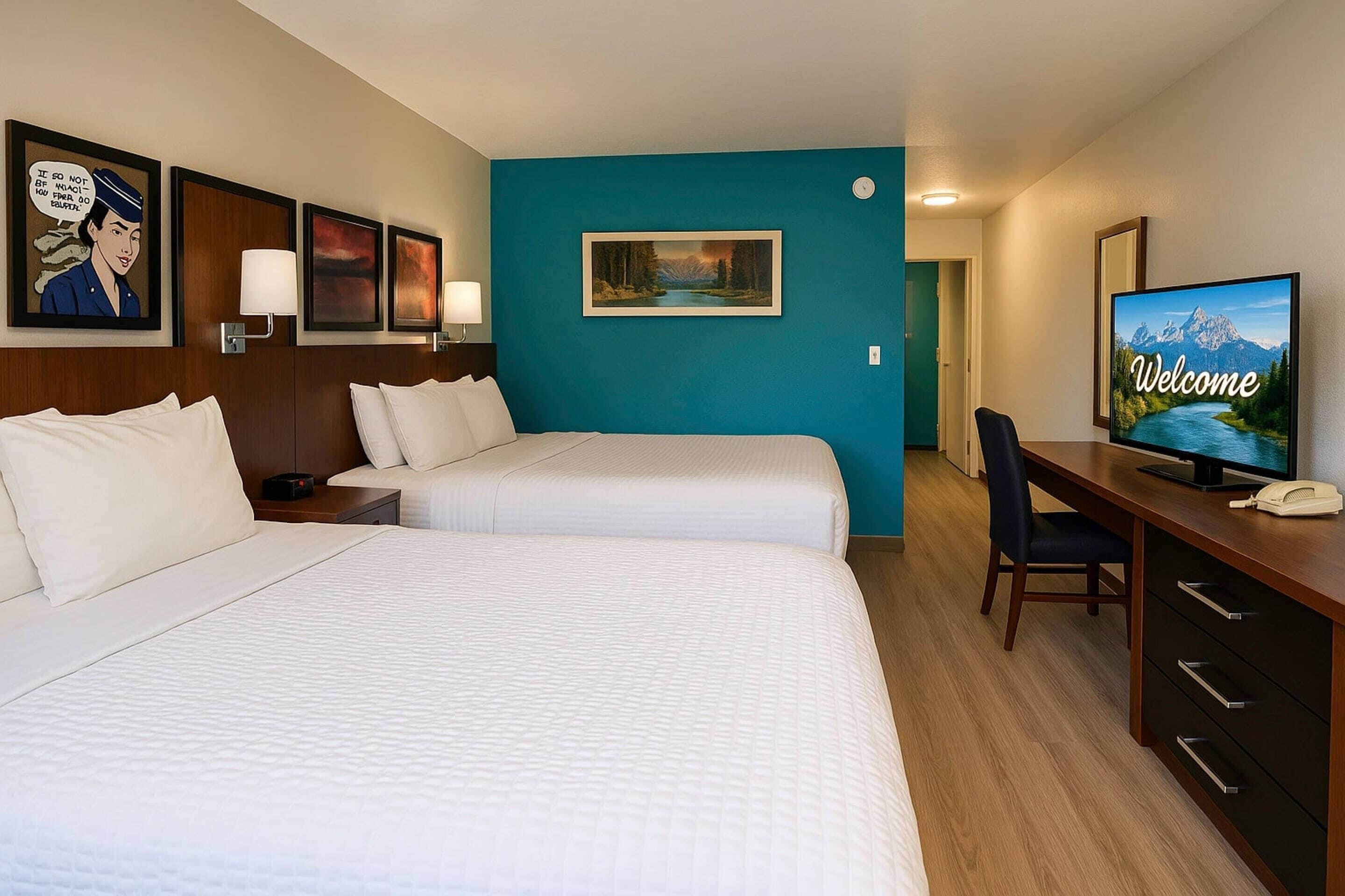A hotel room with two beds, a desk with a computer, a TV displaying 'Welcome', and a painting on the wall.