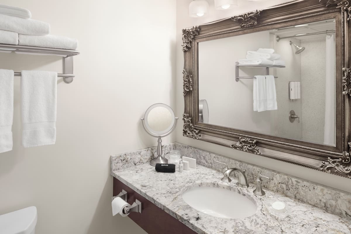 deluxe room, 1 king bed | bathroom | designer toiletries, hair dryer, bathrobes, towels