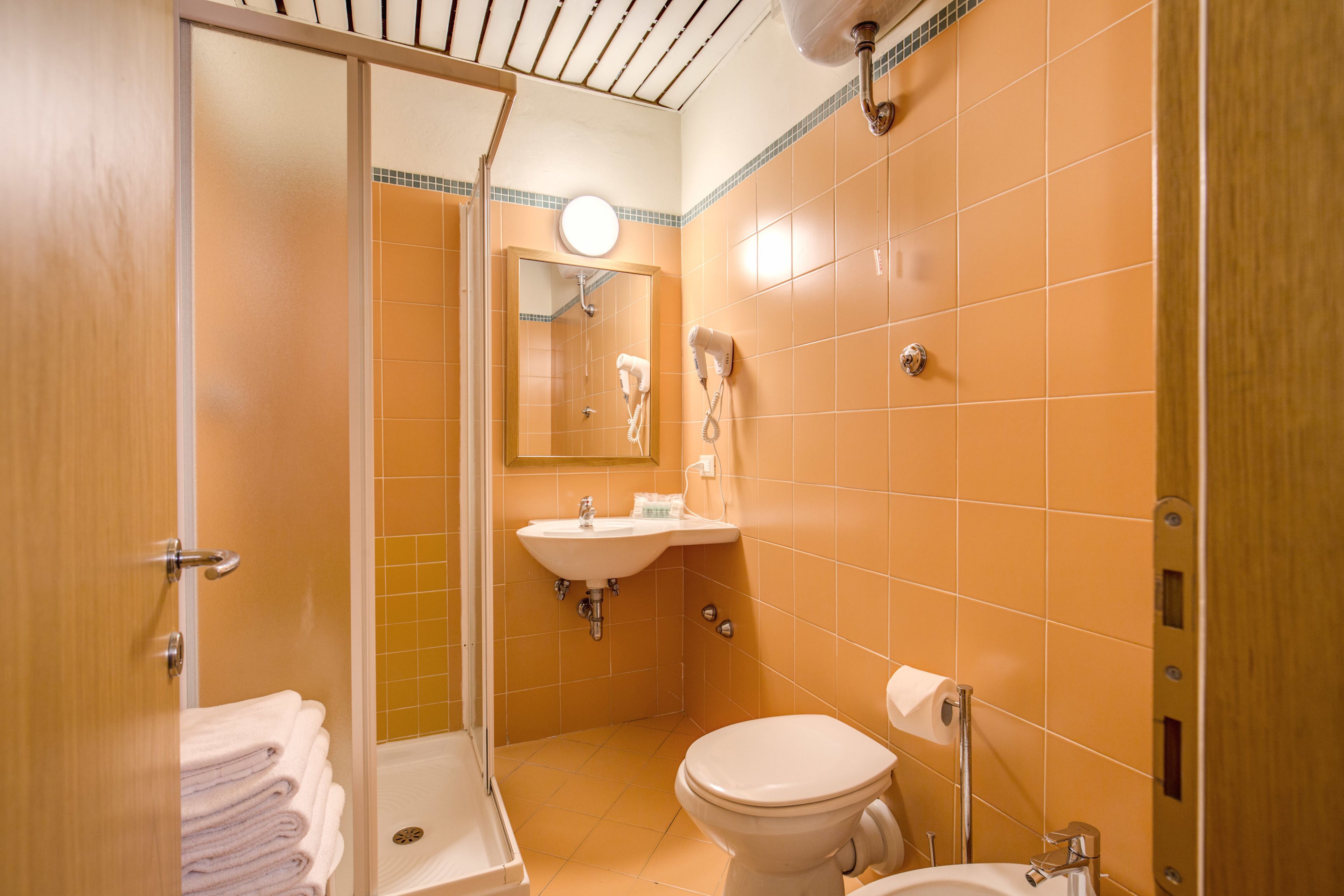 Une salle de bain équipée d’une douche, d’un lavabo, de toilettes et d’un miroir.