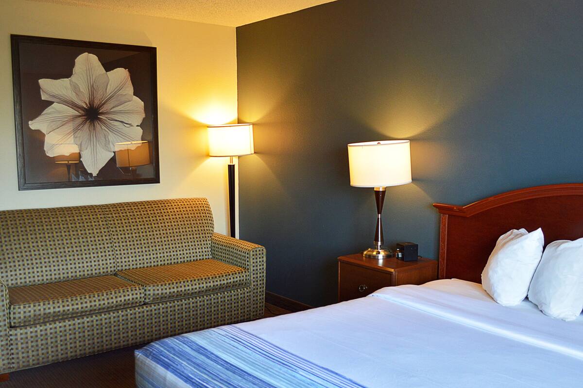 Ein Hotelzimmer mit einem Bett, einer Couch, zwei Nachttischlampen, einem Nachttisch und einem gerahmten Blumenbild an der Wand.