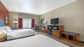 Standard Room, 2 Queen Beds, Non Smoking, Refrigerator & Microwave (Larger Room) | Desk, laptop workspace, iron/ironing board, WiFi