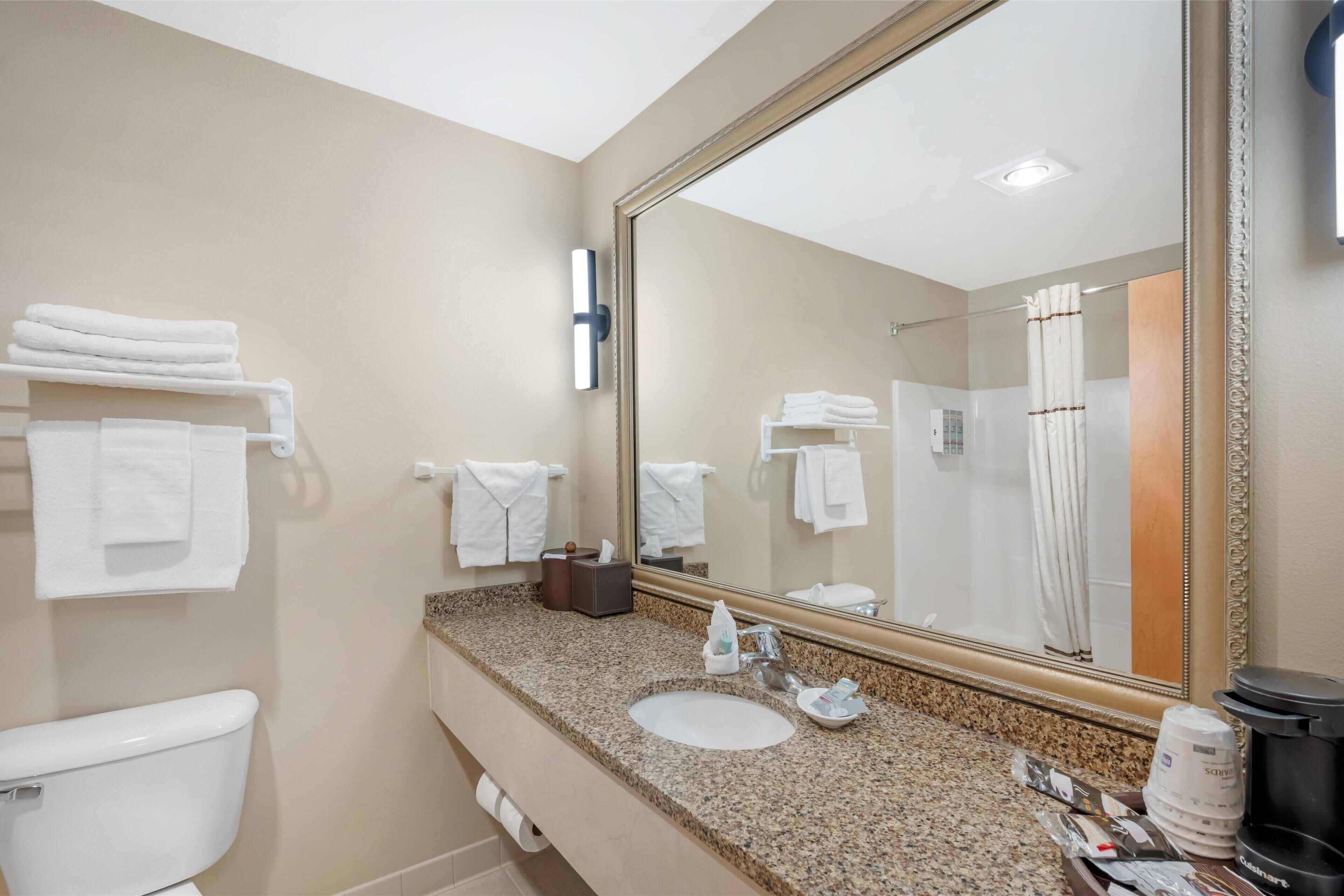 combined shower/bathtub, free toiletries, hair dryer, towels