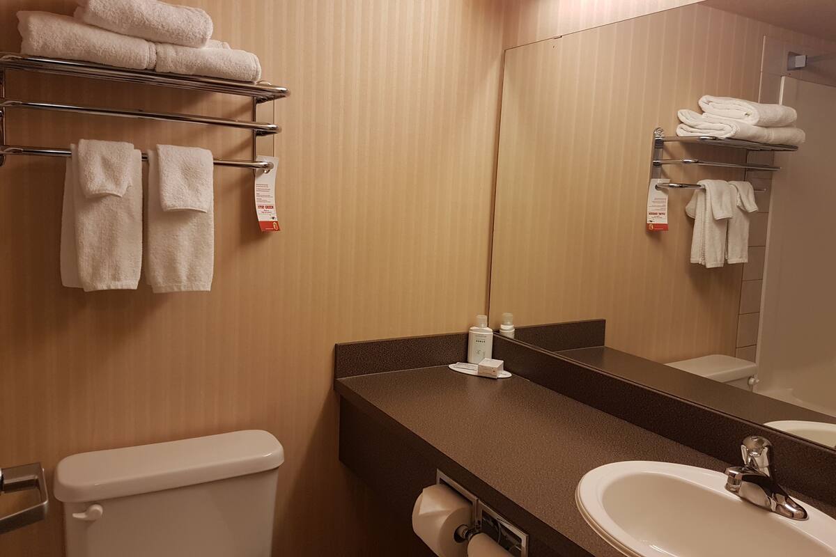 A bathroom with a toilet, sink, and towel rack.