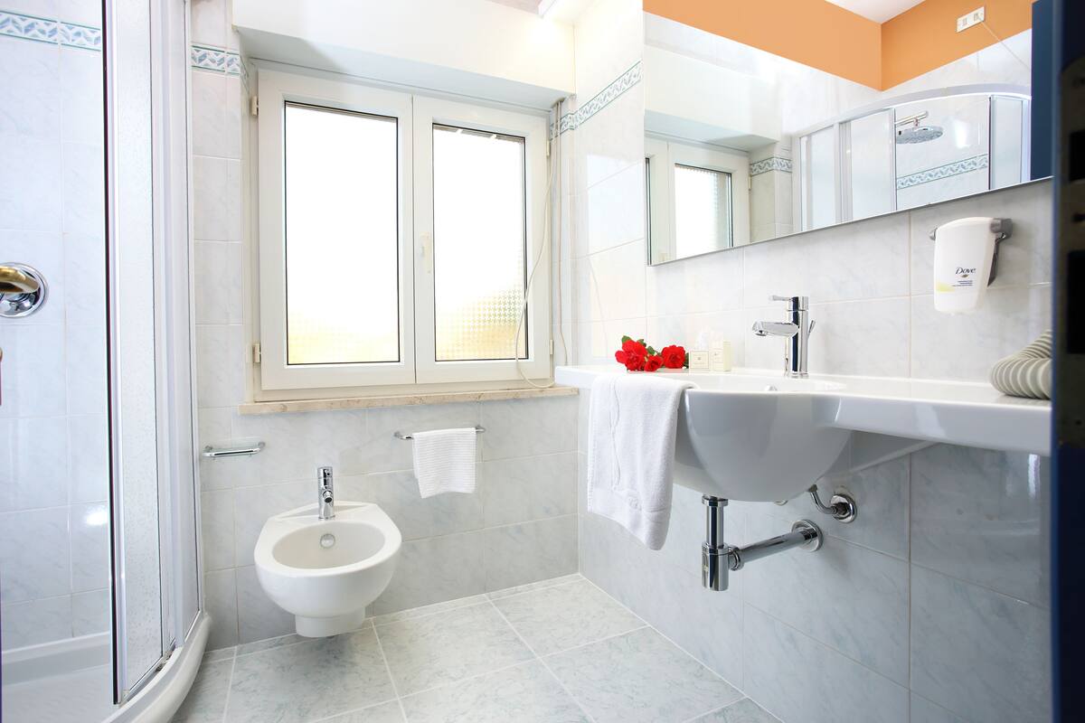 panoramic single room, sea view | bathroom | shower, hair dryer, slippers, bidet