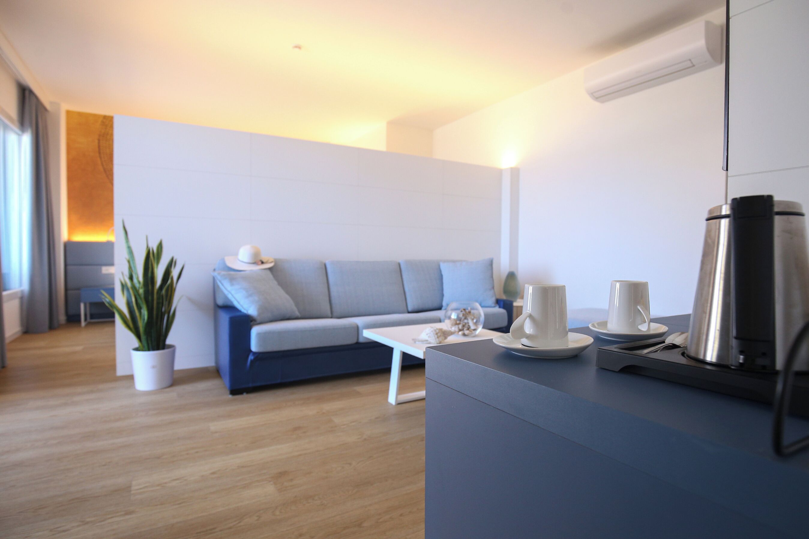 A modern living room with a sofa, a coffee table, a potted plant, and a coffee machine.