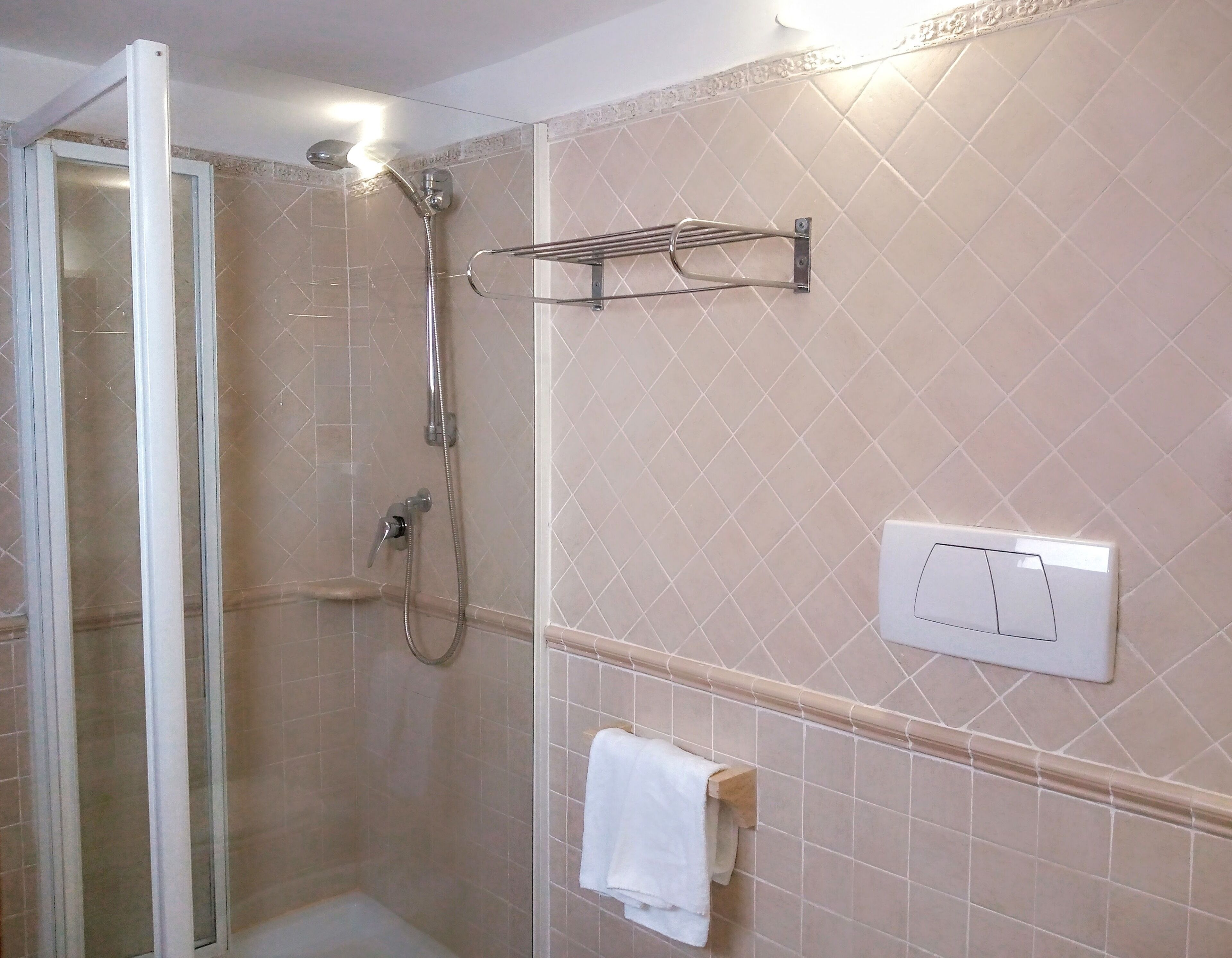 Een douche met een glazen deur, een handdoekhouder en een lichtschakelaar aan de muur.