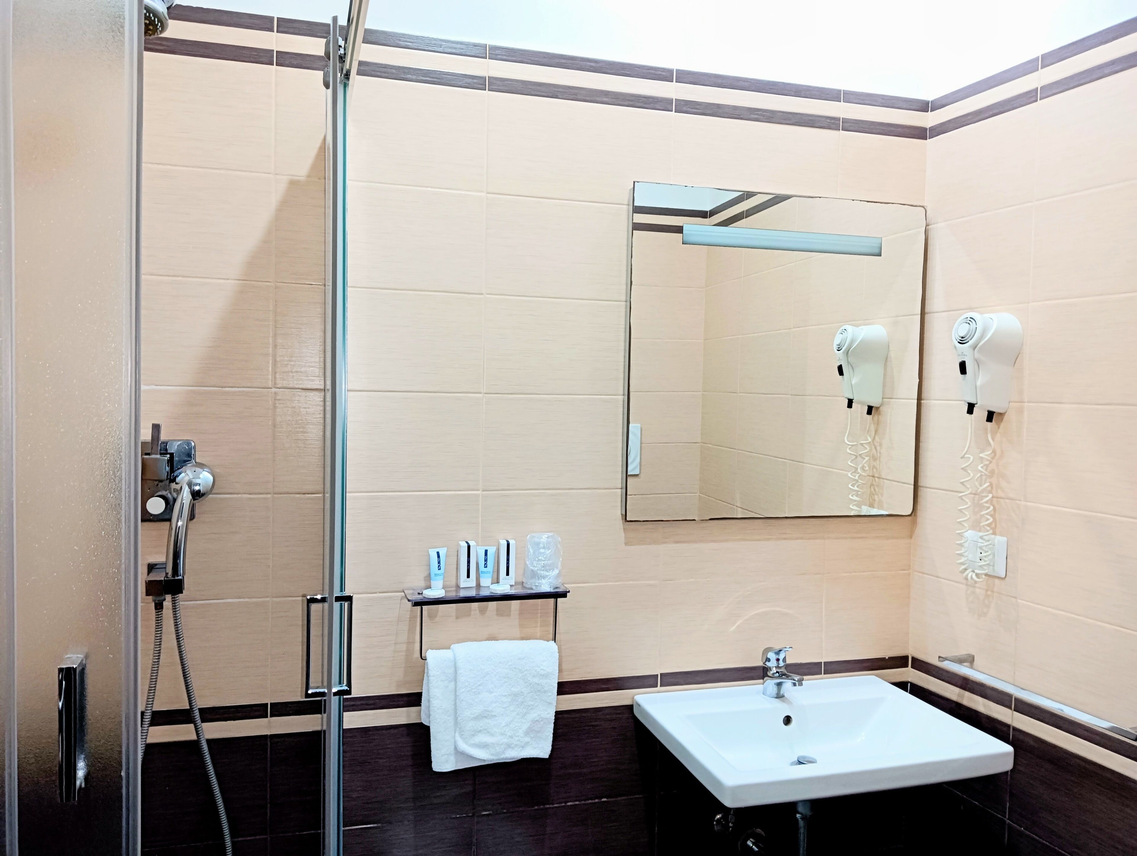 Une salle de bain équipée d’une douche, d’un lavabo, d’un miroir et d’un porte-serviettes.