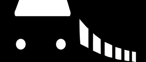 A stylized icon of a bus with a series of descending steps.