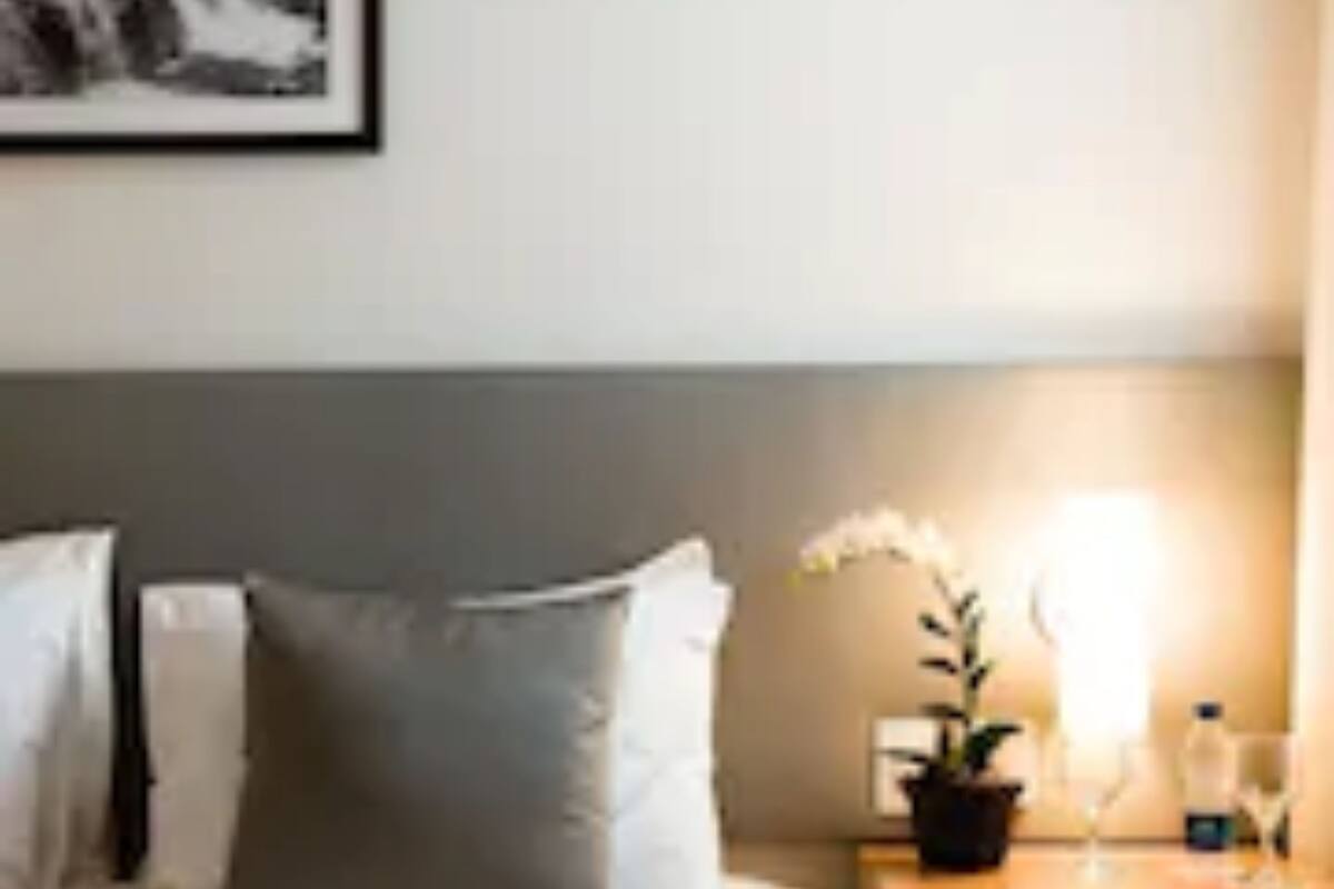 Habitación de hotel con cama, almohadas, mesita de noche con lámpara, planta en maceta y cuadro en la pared.
