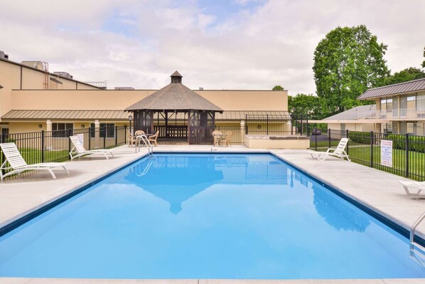 Outdoor pool, pool umbrellas, pool loungers