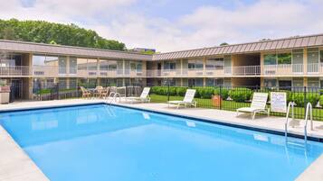 حمّام سباحة خارجي، مظلات على حمّام السباحة، مقاعد للتشمس