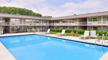 Outdoor pool, pool umbrellas, pool loungers