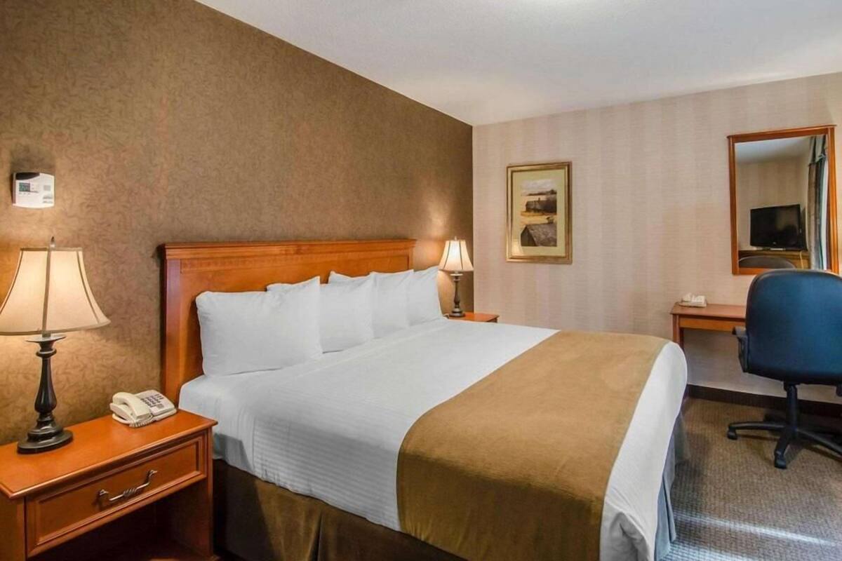 A hotel room with a bed, bedside lamps, a desk with a chair, a television, and a mirror.