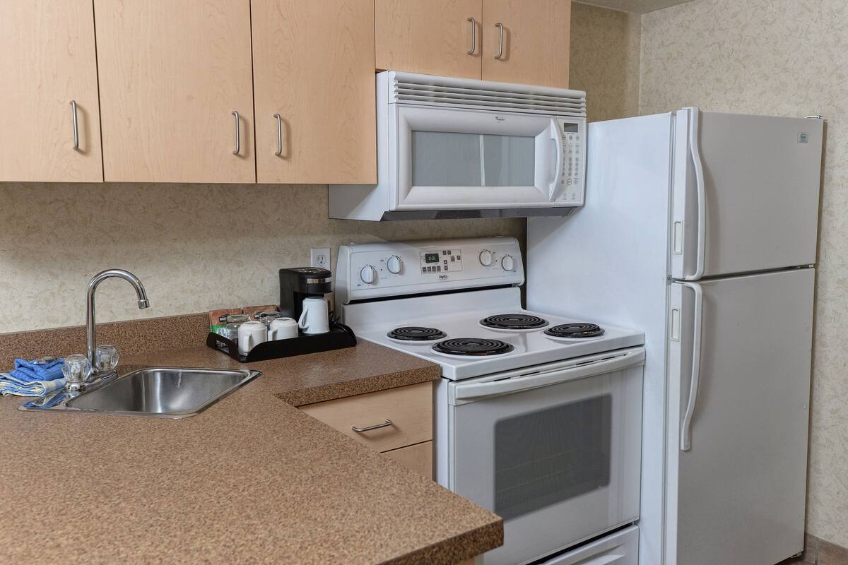 fridge, microwave, stovetop, dishwasher