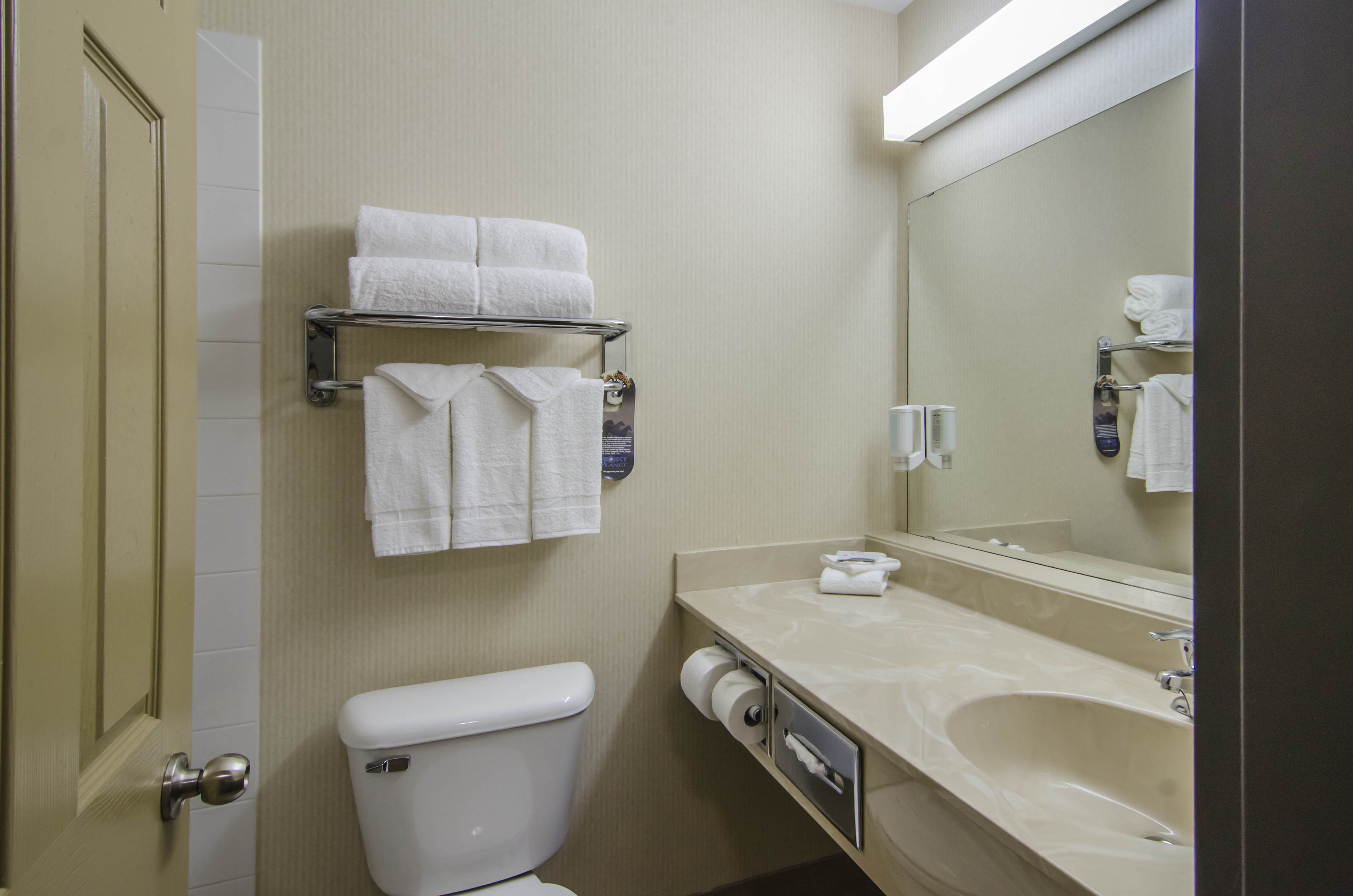 designer toiletries, hair dryer, towels