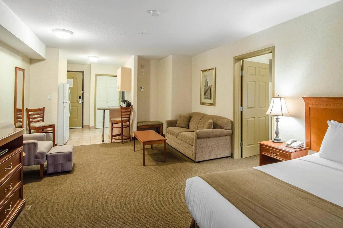 A hotel room with a bed, a sofa, a desk, a chair, a lamp, and a dresser.