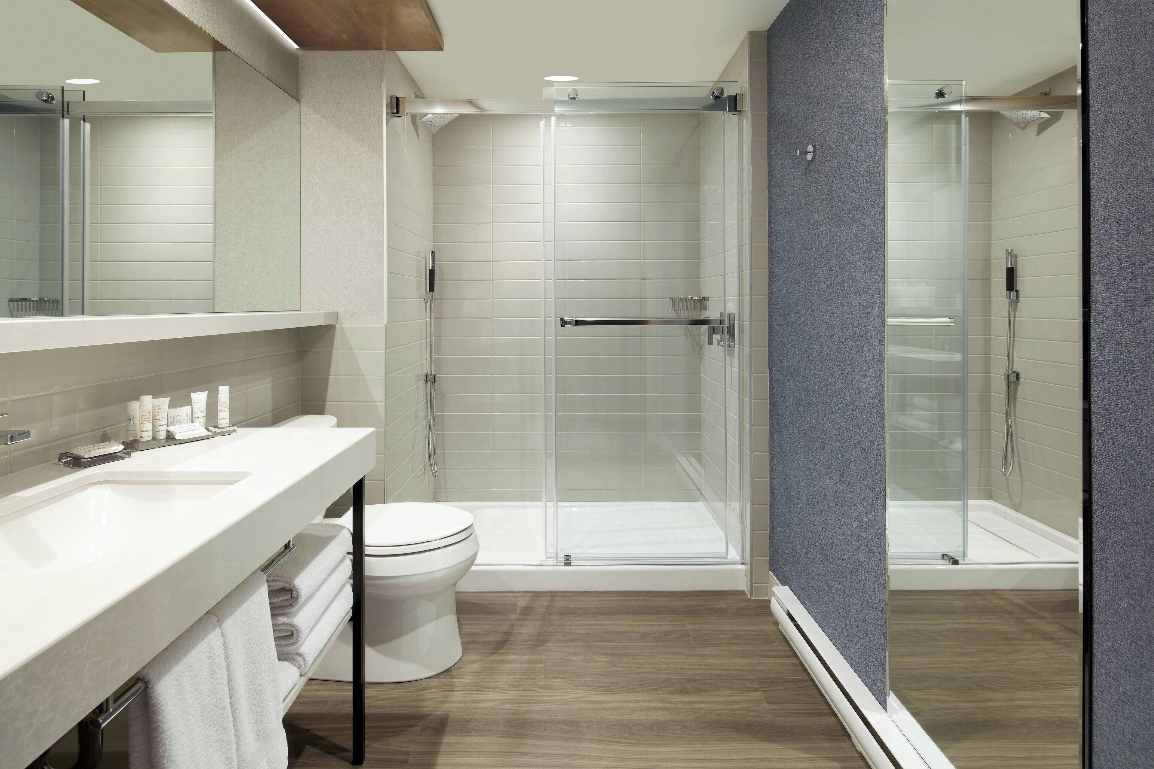 combined shower/bathtub, free toiletries, hair dryer, towels