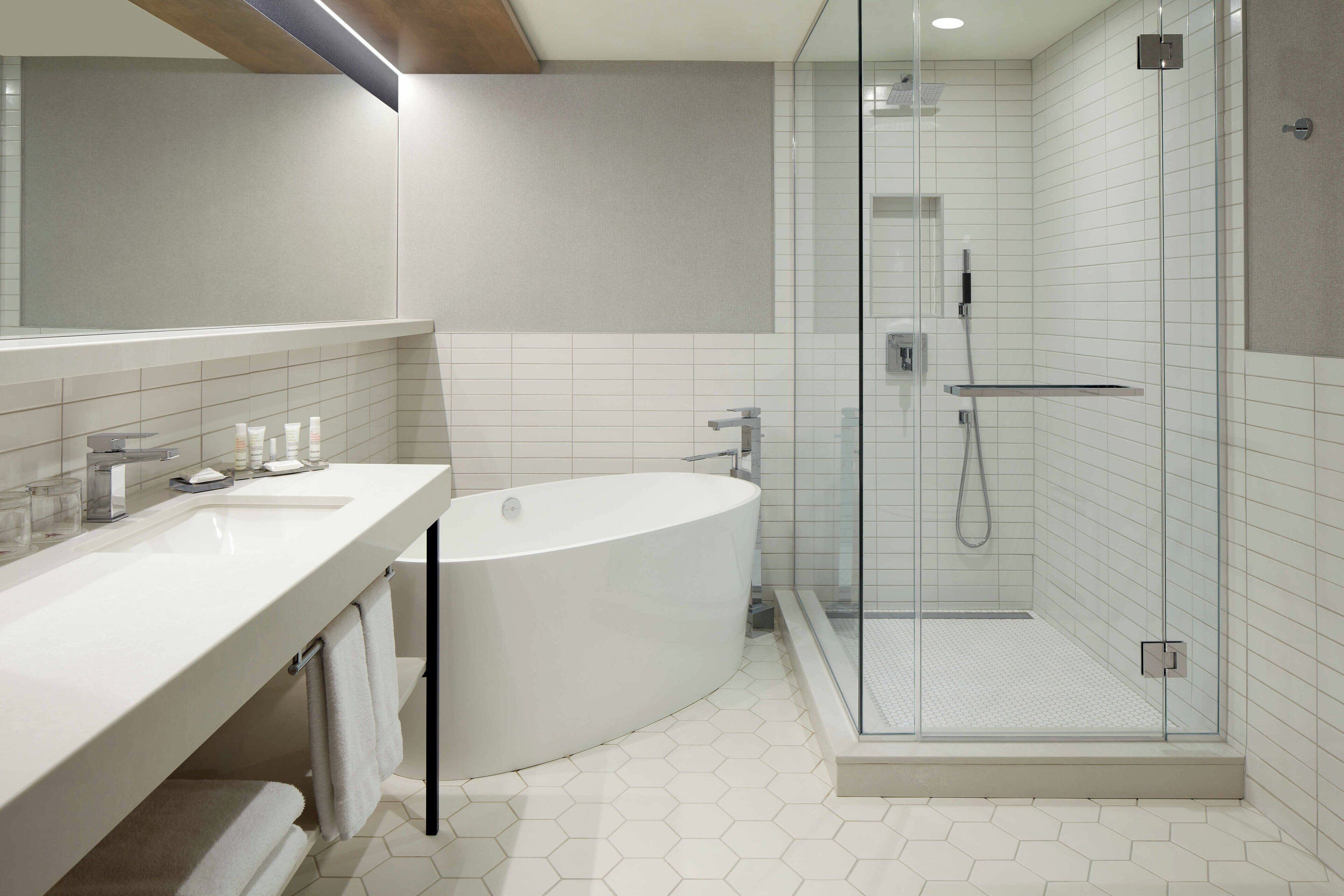 combined shower/bathtub, free toiletries, hair dryer, towels