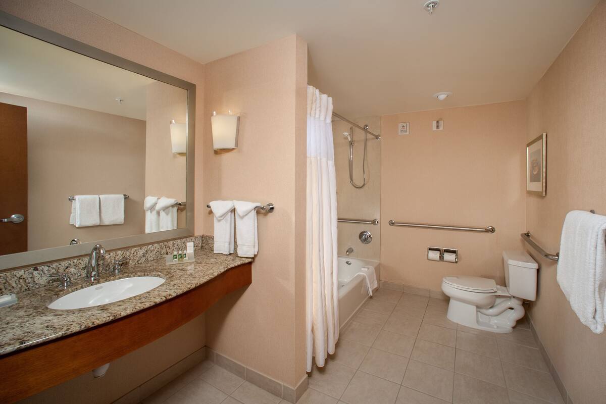 combined shower/bathtub, free toiletries, hair dryer, towels