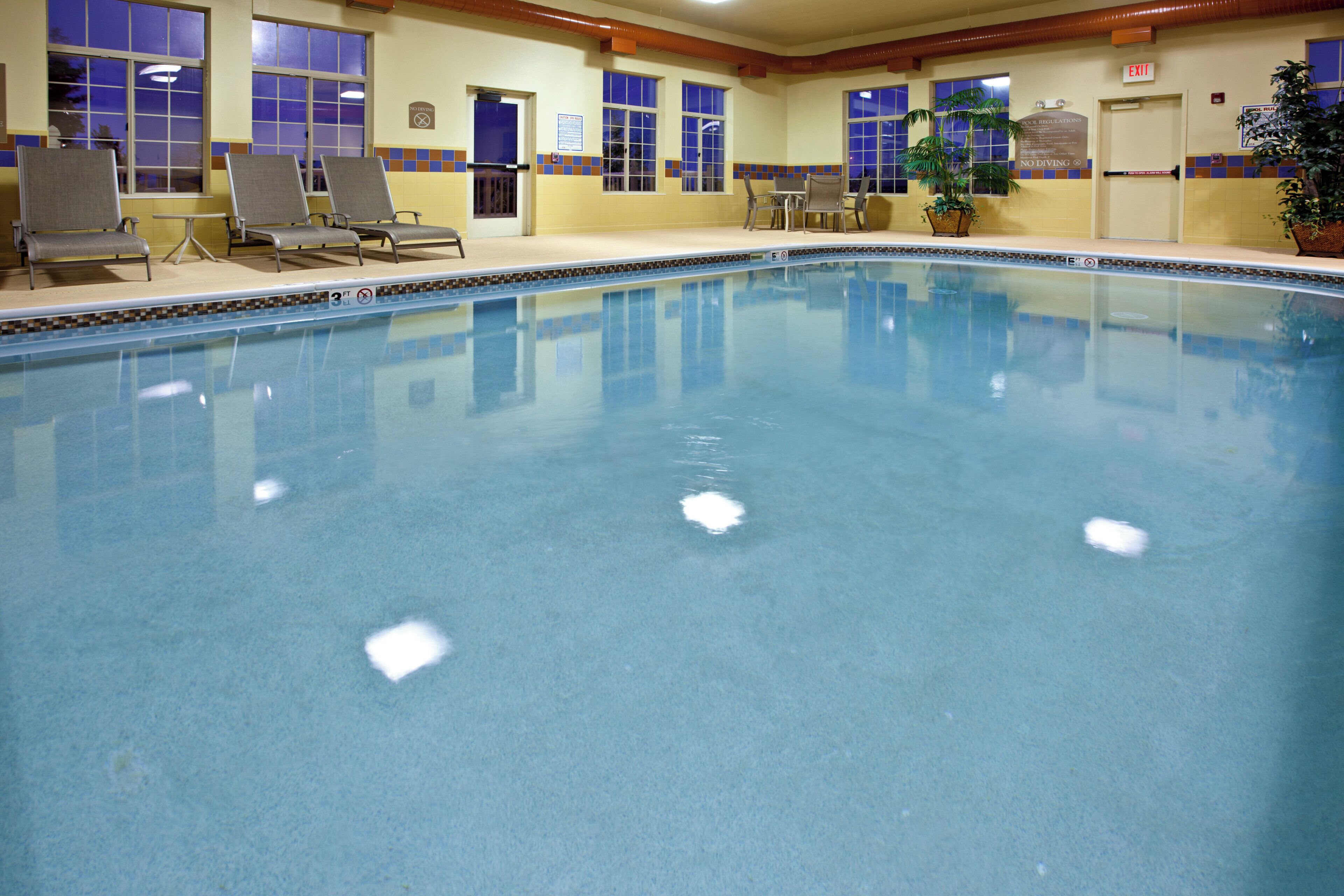 Una piscina interior con sillones de descanso, una planta en maceta y carteles con las normas de la piscina.