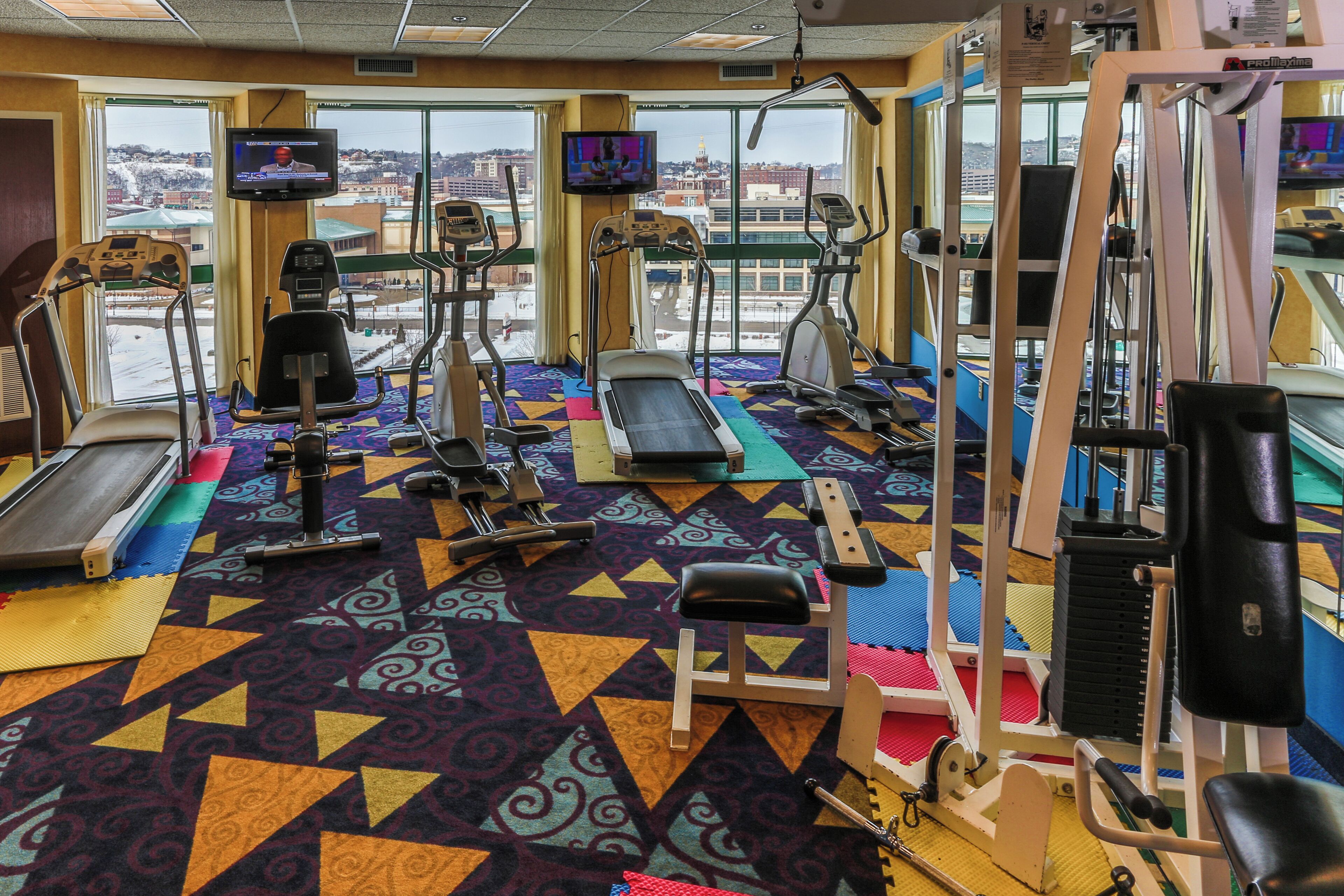 Un gimnasio con diversos equipos de ejercicio, un televisor y amplias ventanas con vistas a un paisaje nevado.