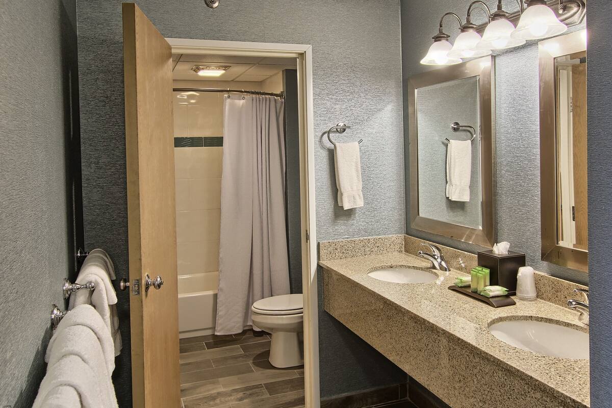 A bathroom with two sinks, a shower, and a mirror.