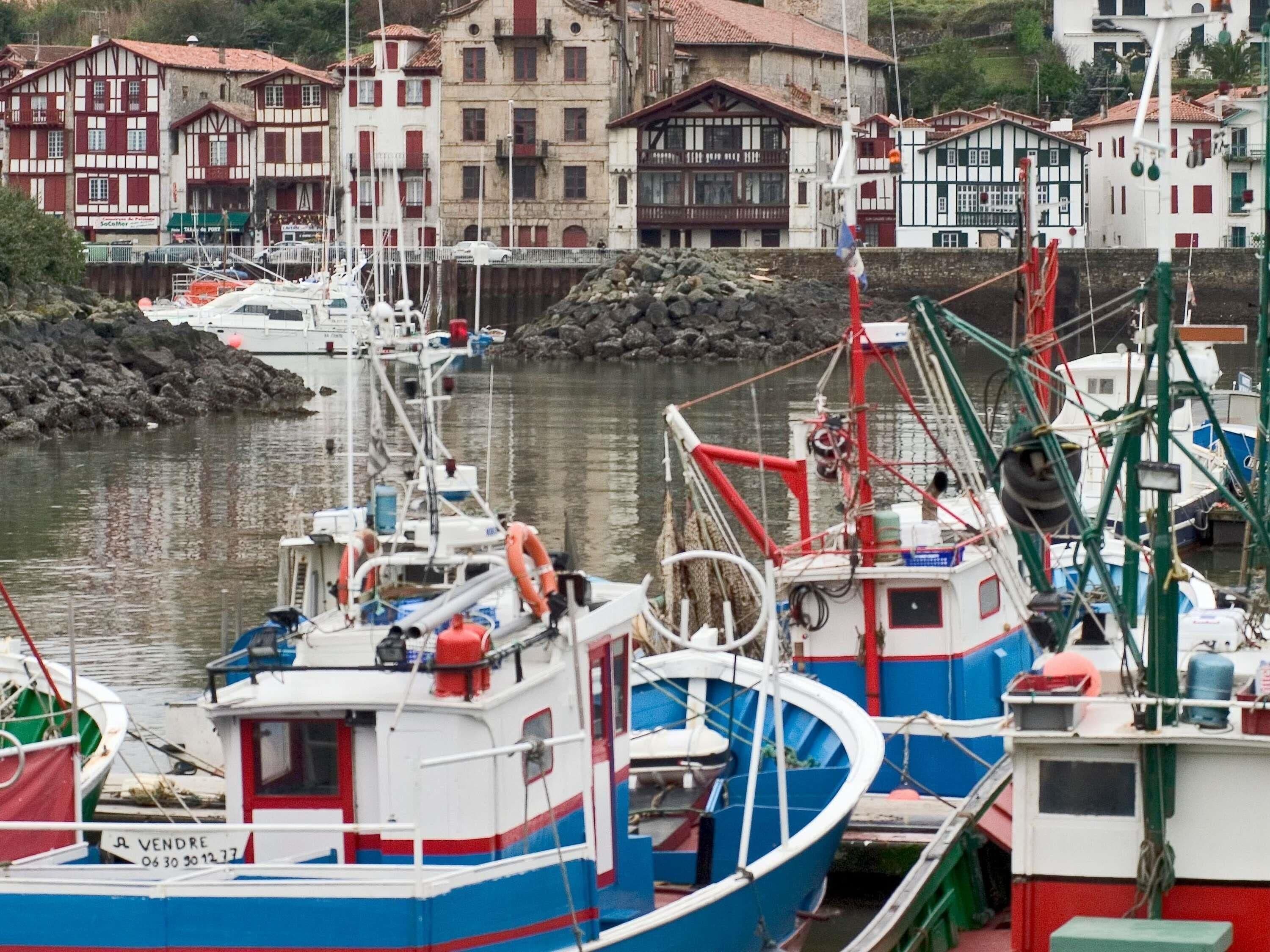 Un puerto con barcos amarrados, edificios al fondo y una costa rocosa.