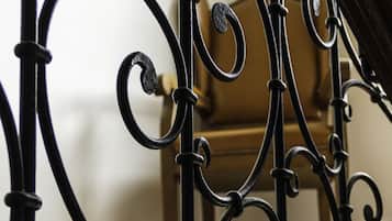 Primer plano de una barandilla de escalera de hierro forjado negro con detalles ornamentales.