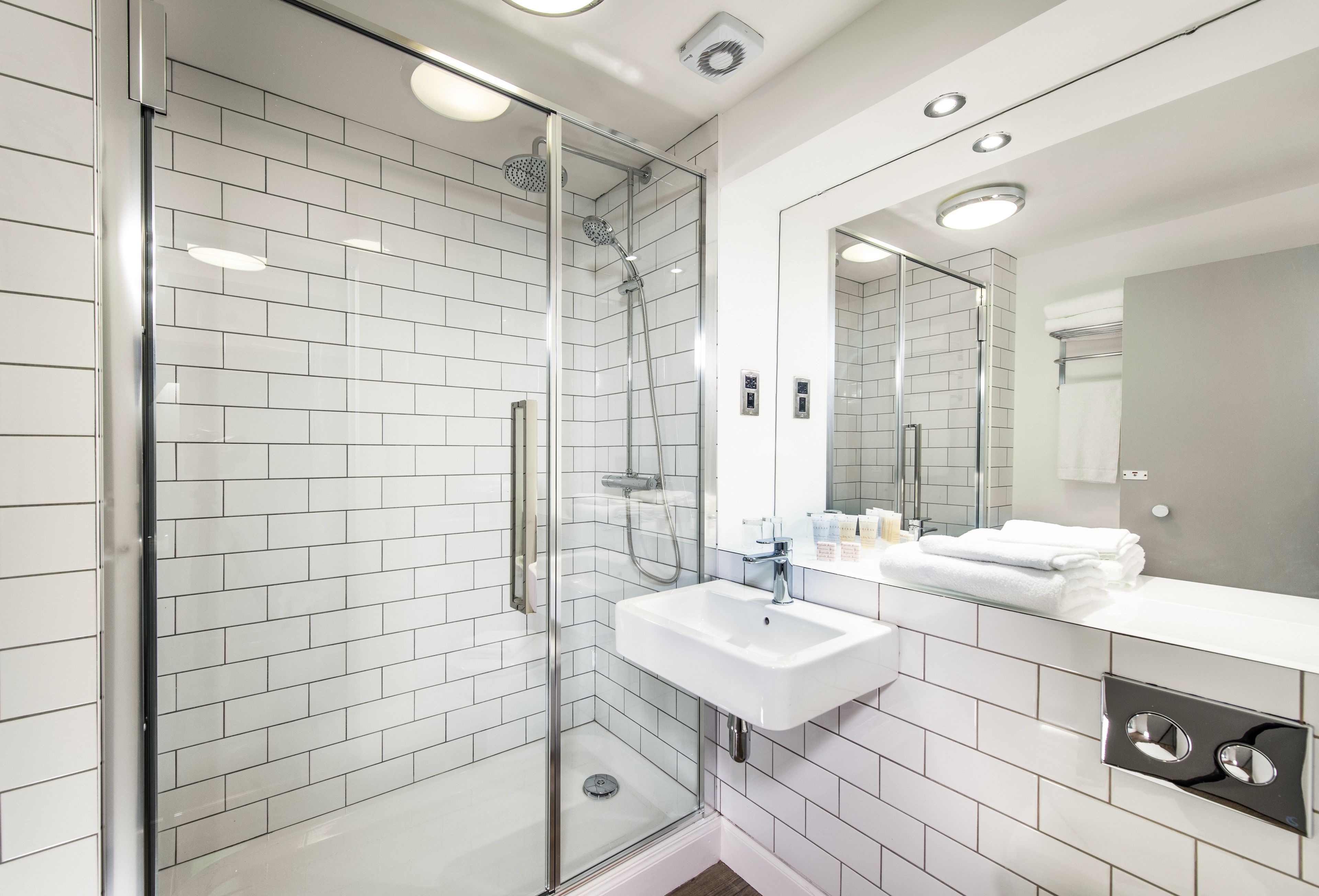 Shower, free toiletries, hair dryer, towels