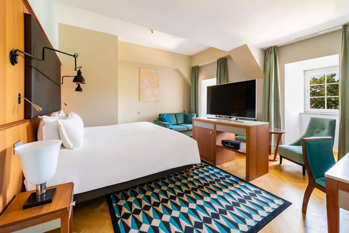 Hotellihuone, jossa on sänky, työpöytä, jossa on televisio, tuoli, lamppu ja geometrisesti kuvioitu matto.