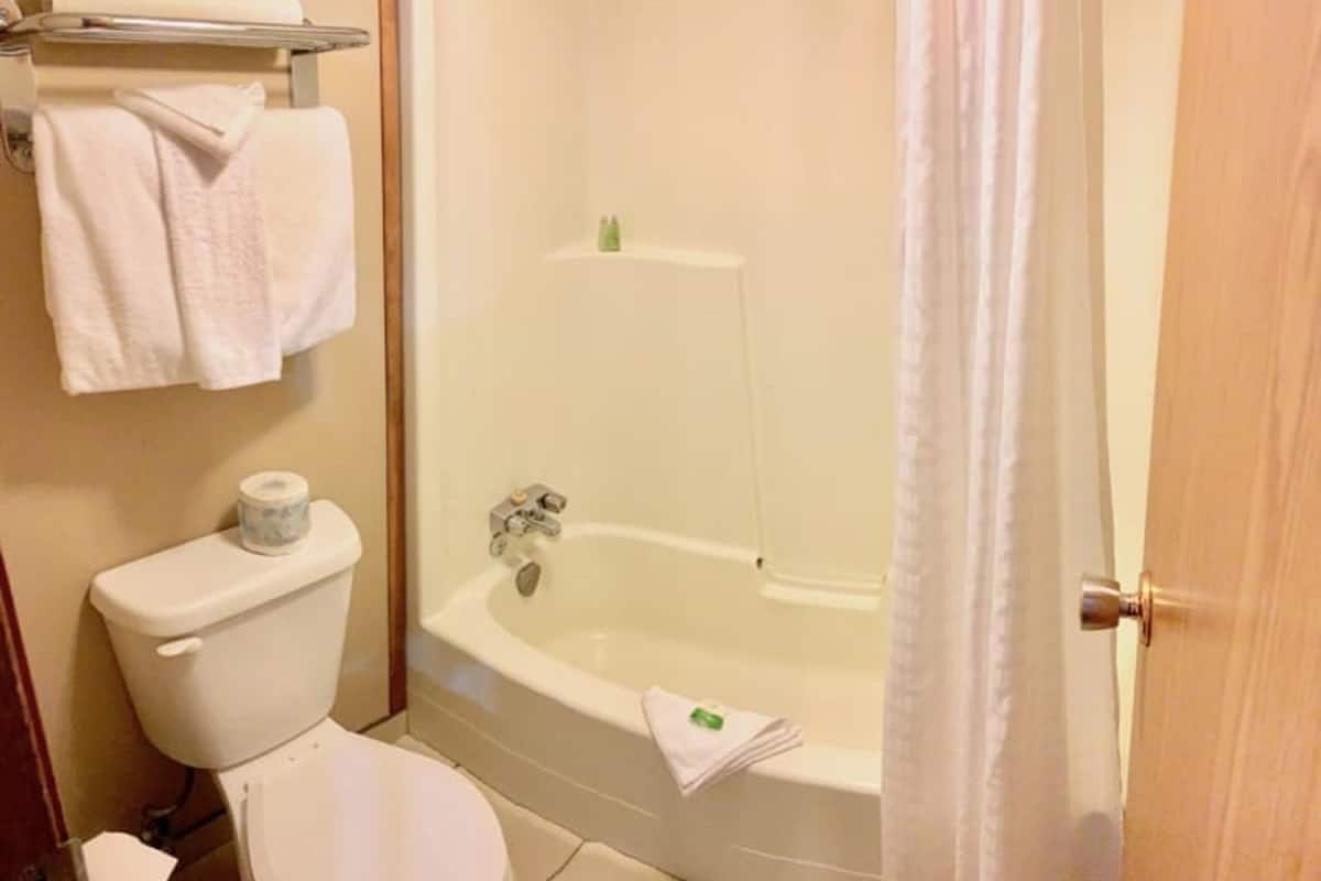 Habitación doble, 2 camas matrimoniales | Baño | Tina con regadera, amenidades de baño gratuitas, secadora de cabello