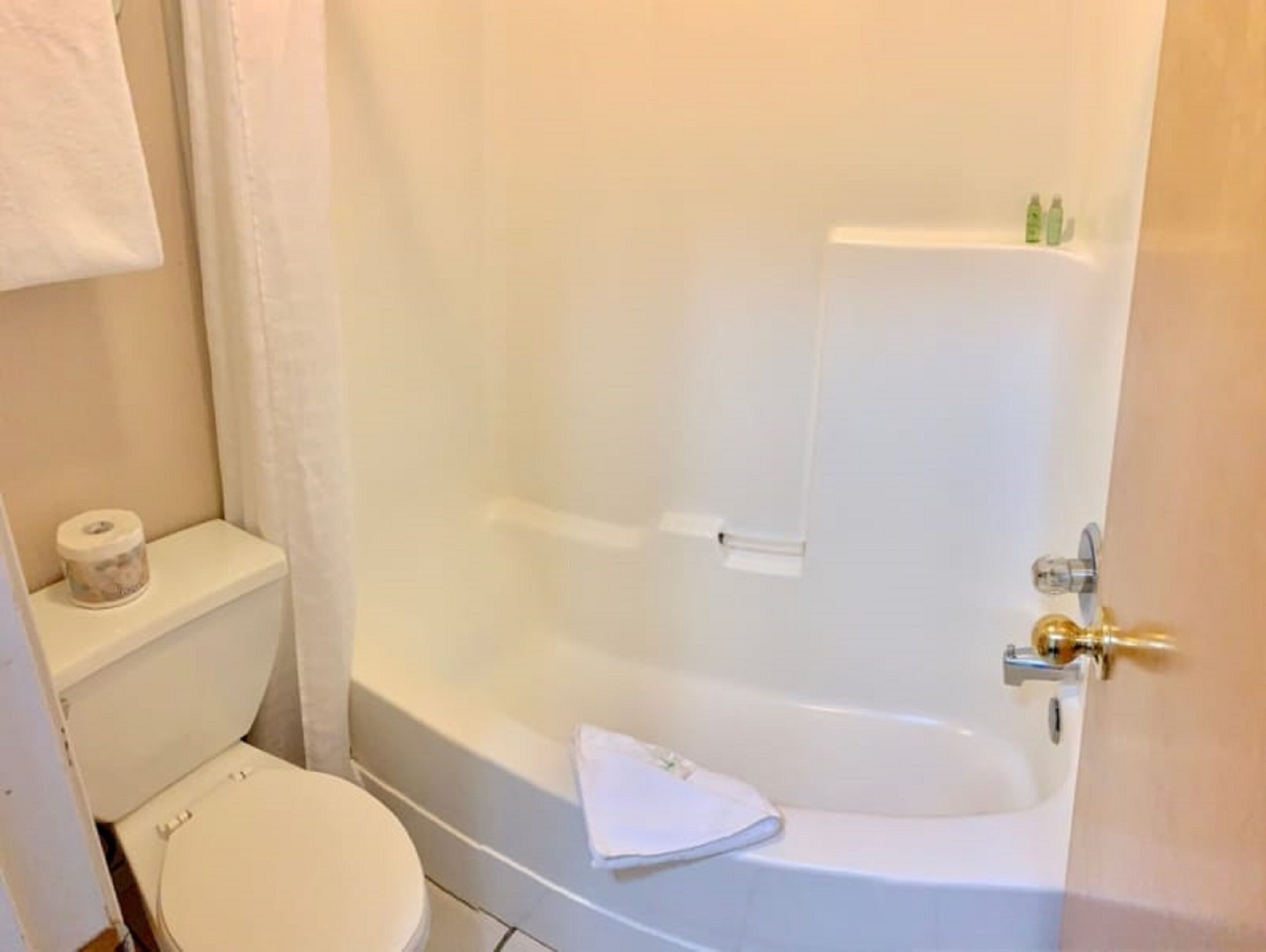 A bathroom with a toilet, a bathtub, and a shower curtain.