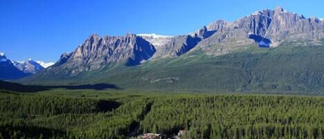 Un paisaje montañoso con un bosque denso al frente y un pequeño asentamiento con edificios a la vista.