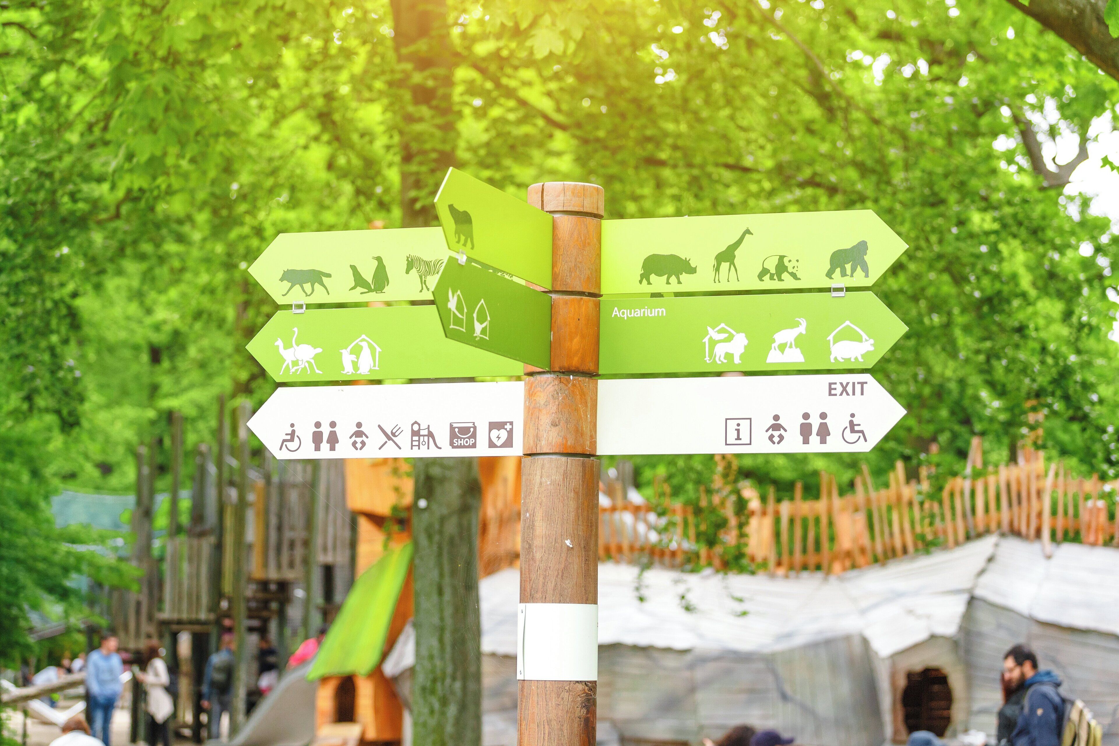 Ein Hinweisschild mit mehreren Pfeilen, die zu verschiedenen Sehenswürdigkeiten zeigen, darunter ein Aquarium und ein Ausgang.