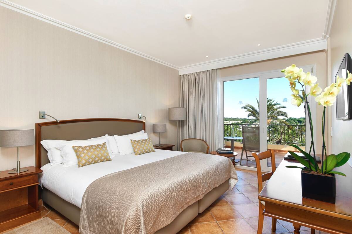 A hotel room with a large bed, a desk, a chair, a potted plant, and a view of the outdoors.