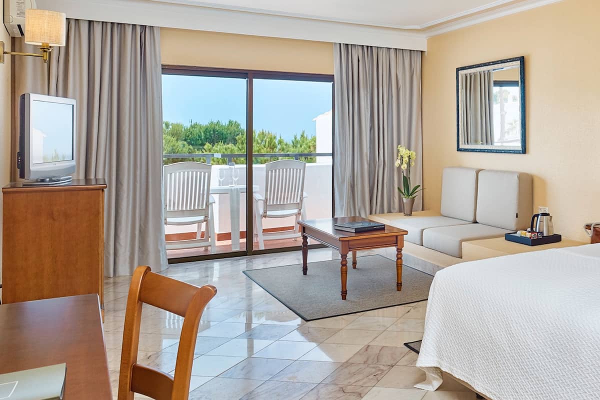 double room, pool view | living area | flat-screen tv, stereo