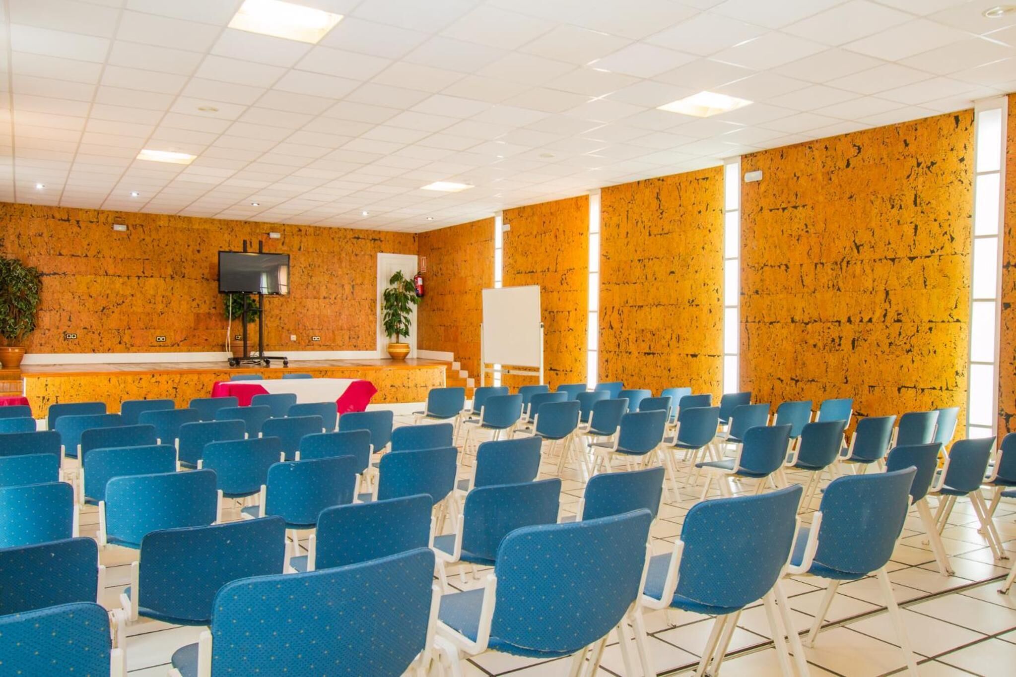 A conference room with rows of blue chairs, a stage with a podium, a large screen, and a whiteboard.