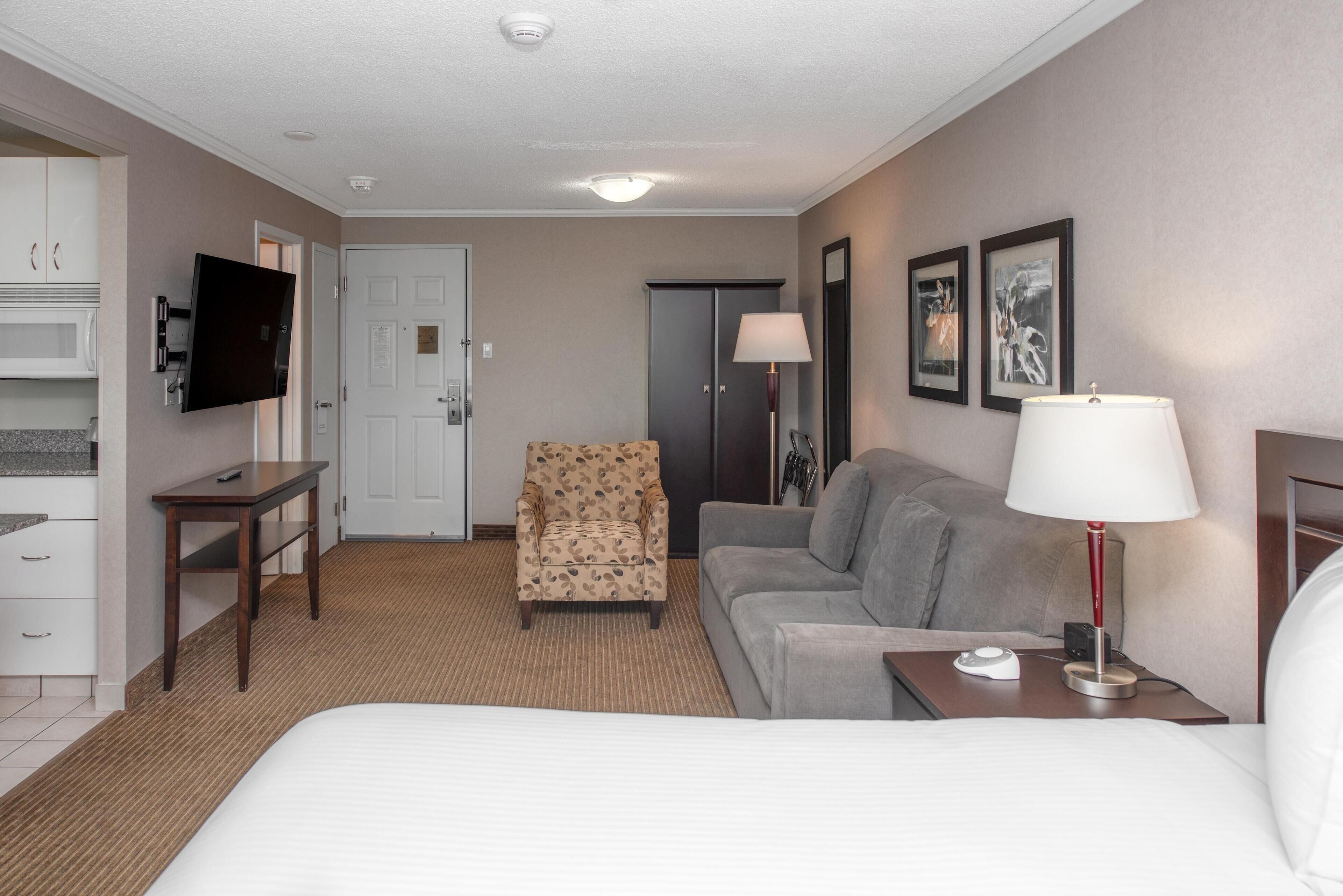Una habitación de hotel con cama, sofá, sillón, escritorio, televisión, lámpara y obras de arte en la pared.