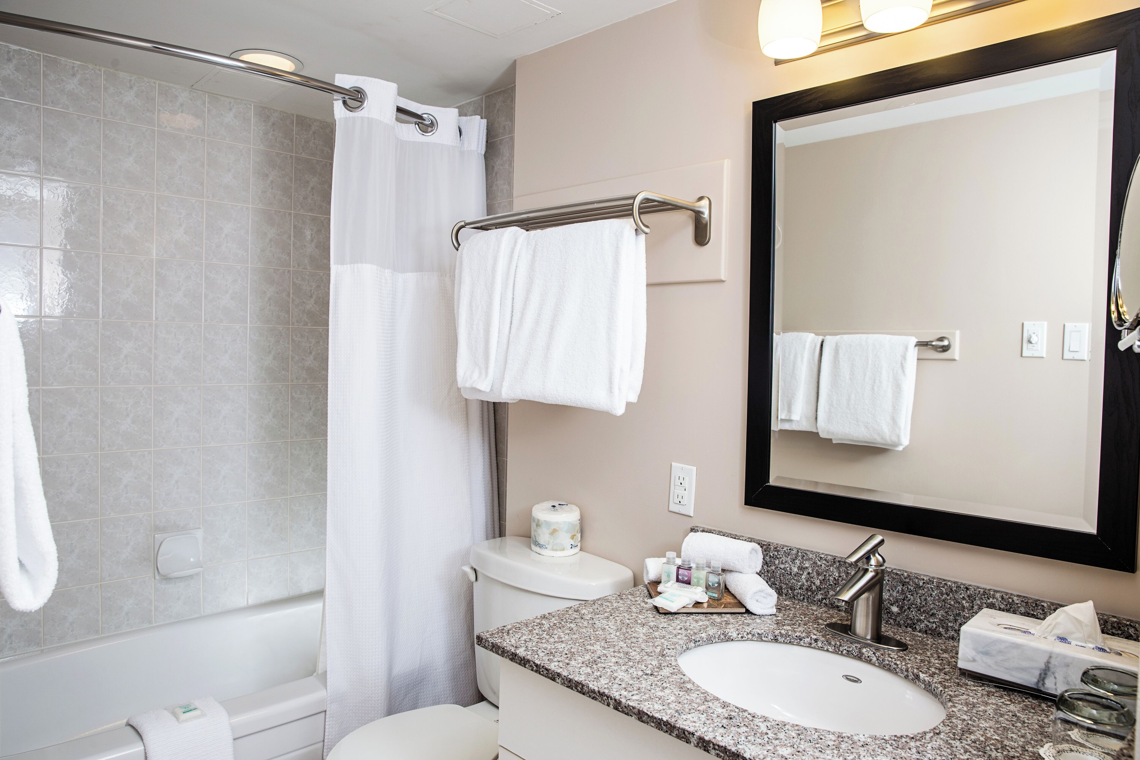 combined shower/bathtub, designer toiletries, hair dryer, towels