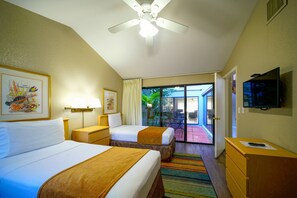 A hotel room with two beds, a ceiling fan, a TV, and a view of the outside. - Ventura at Boca Raton (Boca Raton)