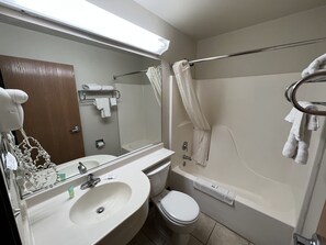 Combined shower/tub, free toiletries, hair dryer, towels