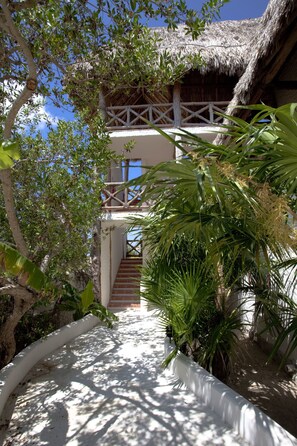 A pathway leading to a building with a thatched roof and white walls, surrounded by lush greenery and trees.
