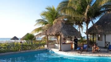 Relax by the oceanfront pool surrounded by palm trees and tropical vegetation.