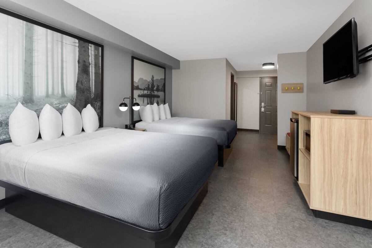 Une chambre d’hôtel moderne avec deux lits, une grande fenêtre donnant sur la forêt, un téléviseur à écran plat et une table de chevet en bois.