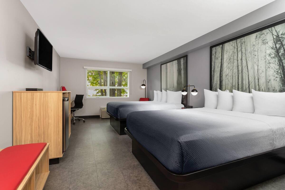 Une chambre d’hôtel moderne équipée de deux lits, d’un bureau, d’une chaise, d’une télévision et de grandes fenêtres donnant sur un paysage arboré.