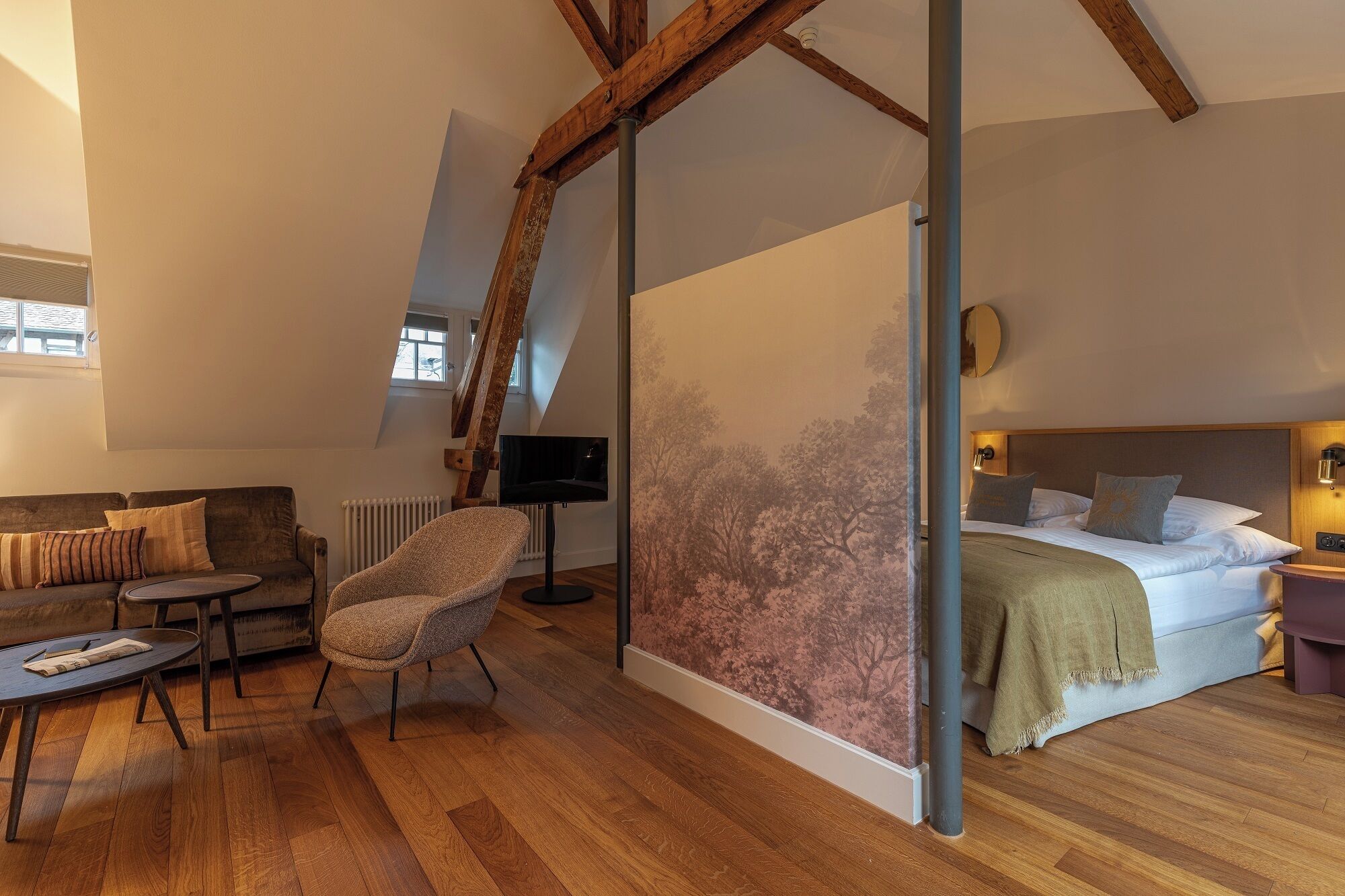 A cozy room with a bed, a sofa, a chair, and a TV.
