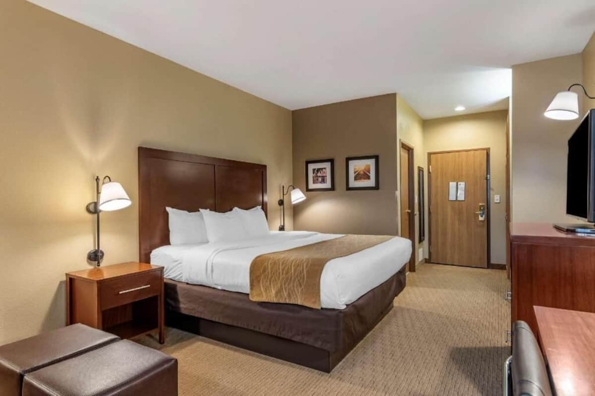 Une chambre d’hôtel comprenant un lit, des tables de chevet, un bureau, une chaise et un téléviseur.
