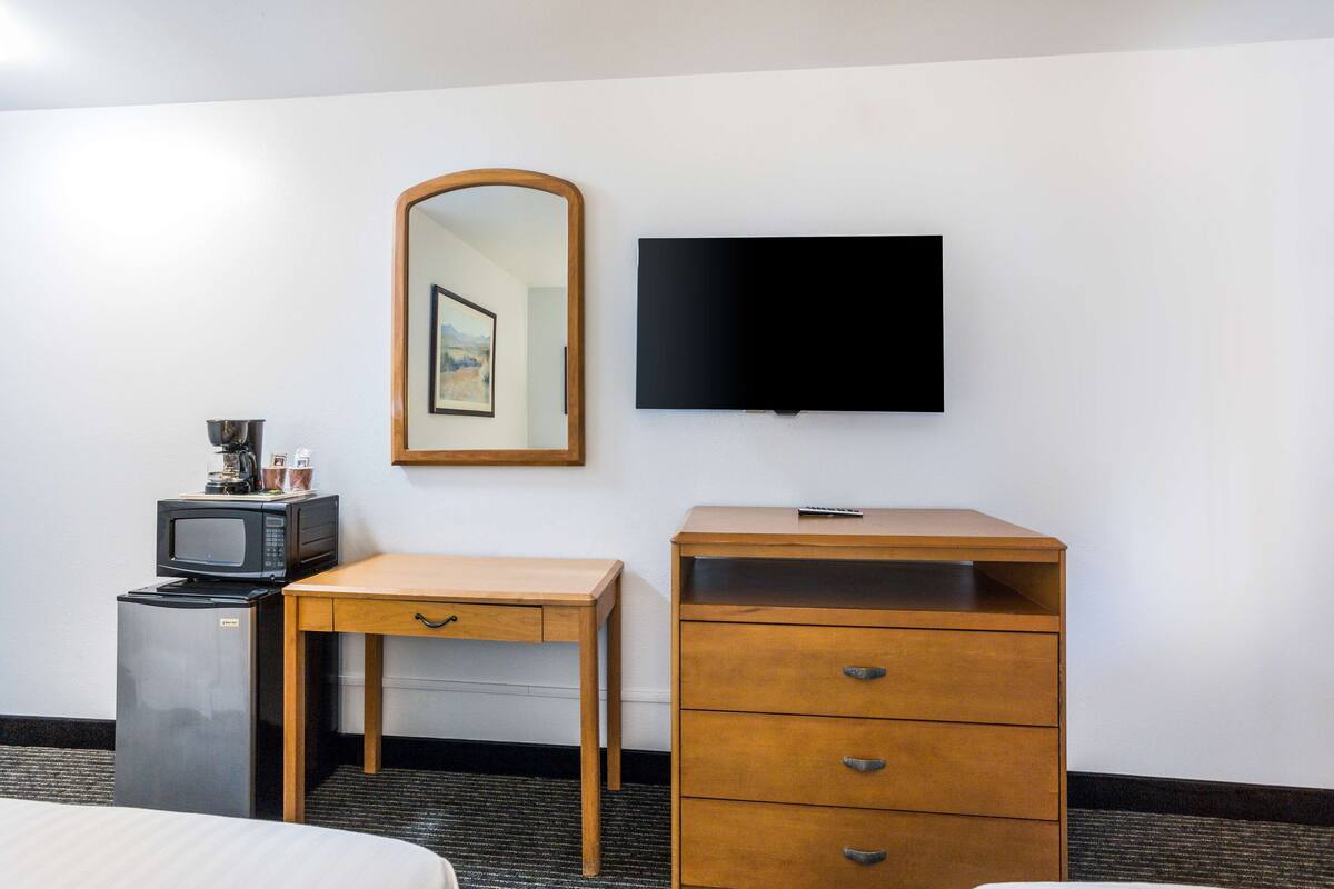 A hotel room with a bed, a small refrigerator, a microwave, a wooden desk, a dresser, a mirror, and a flat-screen TV.