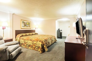 Habitación de hotel con una cama grande, un escritorio con televisor, una silla y un cuadro en la pared.